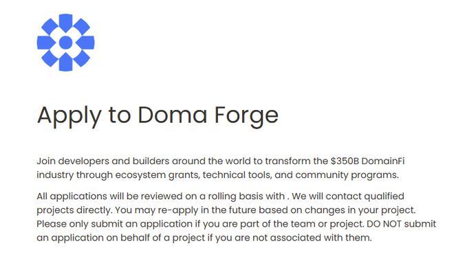 A clean webpage header titled 'Apply to Doma Forge' inviting developers to transform the $350B DomainFi industry through ecosystem grants, technical tools, and community programs.