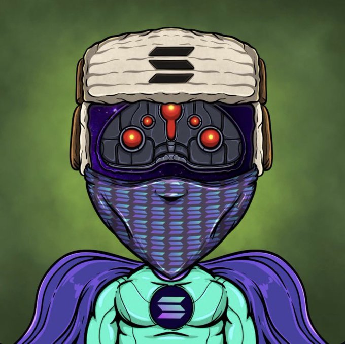 A stylized cartoon character wears a white helmet and tech-style goggles with glowing red eyes, a purple patterned face mask, and a teal chest plate featuring a logo. The futuristic, crypto/NFT-style avatar fits the post's theme celebrating the @Frens_Factory team and their community of "Frens."