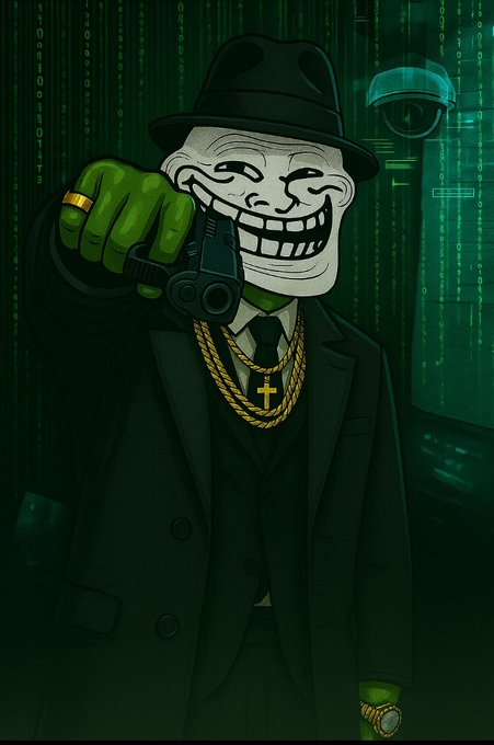 A cartoon illustration depicts a green-skinned figure in a black suit and fedora wearing a wide grinning mask, holding binoculars against a digital background with falling code and a security camera.