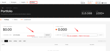 A screenshot of a crypto portfolio dashboard showing a balance of '$15.09' with '1000+' coins held, featuring red arrows pointing to deposit and buy sections on what appears to be a 'PHI64' platform.