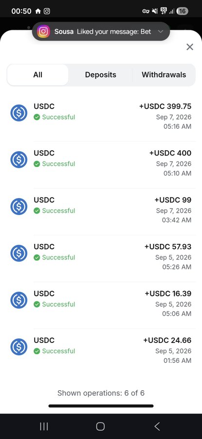 A mobile screenshot displays a transaction history showing six successful USDC deposits ranging from $16.39 to $400, with timestamps from September 5-7, 2026. An Instagram notification at the top from "Sousa" reads "Liked your message: Bet," which appears unrelated to the post about winning a USDT giveaway.