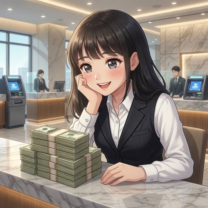 An anime-style illustration shows a smiling female bank teller with long black hair behind a marble counter, with large stacks of cash in front of her and a male colleague working in the background.