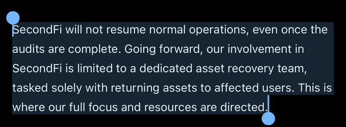 A text quote from SecondFi/YoroiWallet announcing they will not resume normal operations after audits, with their involvement limited solely to an asset recovery team focused on returning funds to affected users—aligning with the post's message about the discontinuation of Yoroi Wallet and SecondFi, with full focus now on asset recovery.