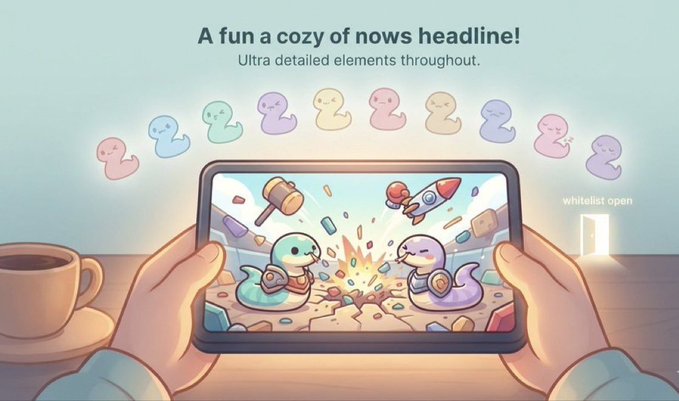 The image shows hands holding a phone displaying a colorful game scene with cute snake-like characters battling with hammers and rockets, surrounded by floating pastel snake icons and a steaming coffee mug, with the text "A fun a cozy of nows headline!" and "Ultra detailed elements throughout" visible at the top. The accompanying post about @Slippyclub building a living, breathing media brand around NFTs rather than static art aligns with the image's portrayal of an interactive, playful gaming ecosystem emerging from a mobile screen, suggesting dynamic digital content beyond traditional collectibles.