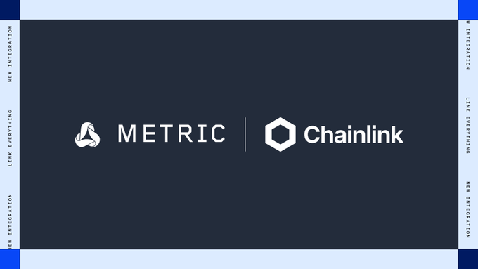 A dark blue graphic displays the logos and names "METRIC" and "Chainlink" side-by-side, framed by light borders reading "WEB INTEGRATION" and "LINK EVERYTHING." The image visually represents the partnership announcement between Metric and Chainlink, highlighting their collaboration for the new DEX launch.