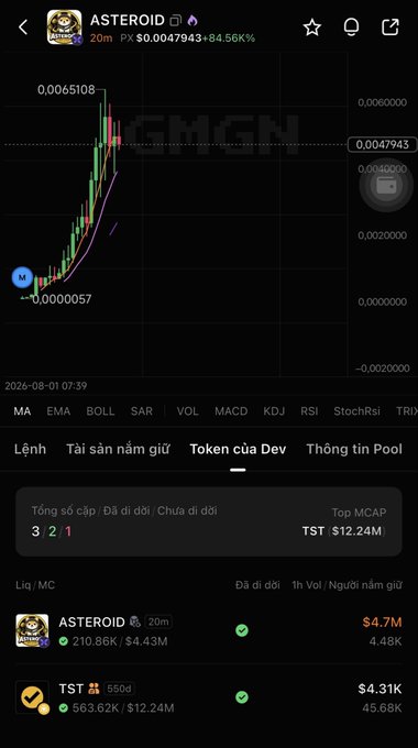A cryptocurrency tracking app screenshot showing ASTEROID token (PX) at $0.0047943 with an 84.56% gain, featuring a price chart and developer token information for 'TST'.