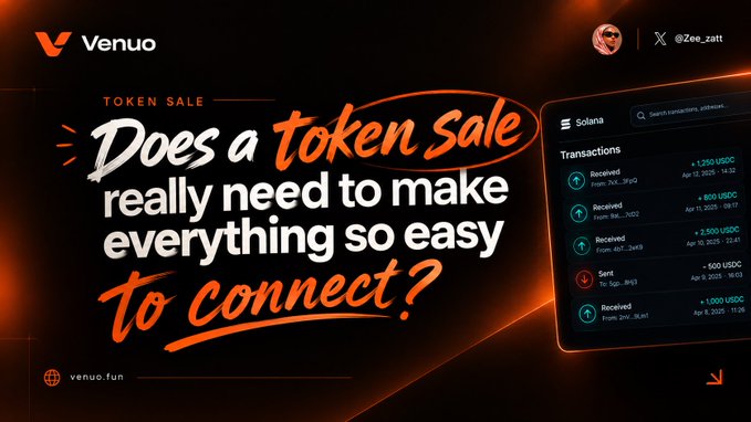 A promotional graphic for Venuo asking 'Does a token sale really need to make everything so easy to connect?' alongside a screenshot of Solana transactions.