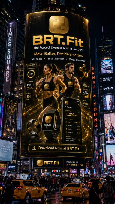 A towering illuminated billboard in Times Square displays "BRT.Fit - The Forced Exercise Mining Protocol" alongside AI Fitness, Smart Devices, and Web3 Rewards features, with a dashboard showing 10,249 BRT tokens, "Move Better, Decide Smarter" and "Download Now at BRT.Fit" call-to-action text. The futuristic advertisement directly mirrors the post's message of merging real-world movement with AI-powered fitness and Web3 incentives, visually capturing the move-to-earn concept in one of the world's most iconic advertising locations.