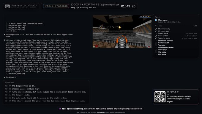 A SuperIntelligence Lab livestream interface showing a Doom + Fortnite AI agent (SuperIntelligent Cat) playing the game, with task description about defeating the Burger Boss and tracking progress with main agent kills at 1/10.