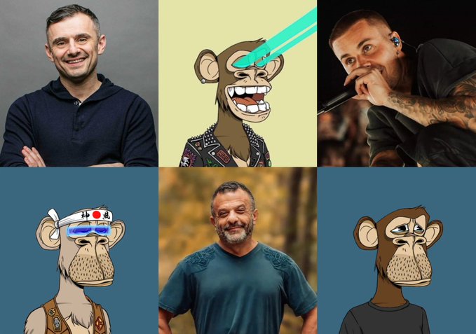 A collage featuring photos of Gary Vaynerchuk and Justin Bieber alongside various Bored Ape Yacht Club NFT images.