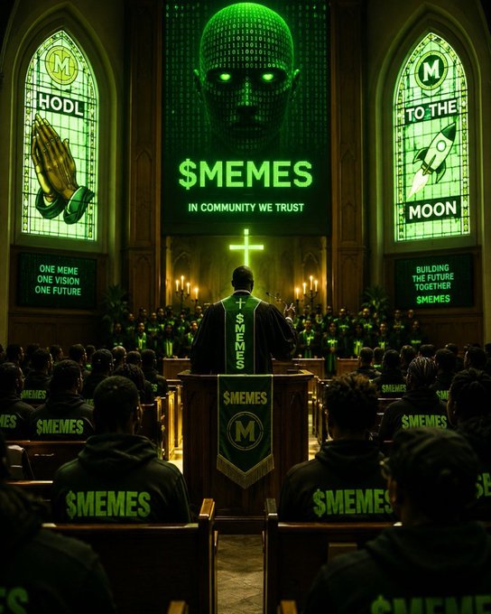 A digital artwork depicting a cathedral interior with stained glass windows reading 'HODL' and 'TO THE MOON', a priest at an altar labeled '$MEMES', and a congregation wearing '$MEMES' hoodies under a digital mask image.
