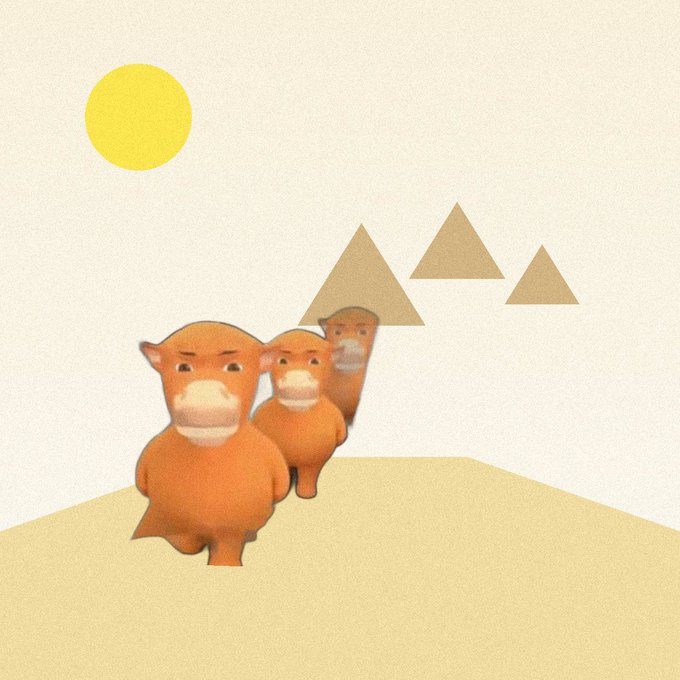 A whimsical illustration shows three cute orange cartoon characters standing together on a sandy dune beneath a bright yellow sun, with three tan pyramids in the background, playfully tying in the "gm" (good morning) post with a desert/good morning vibe.