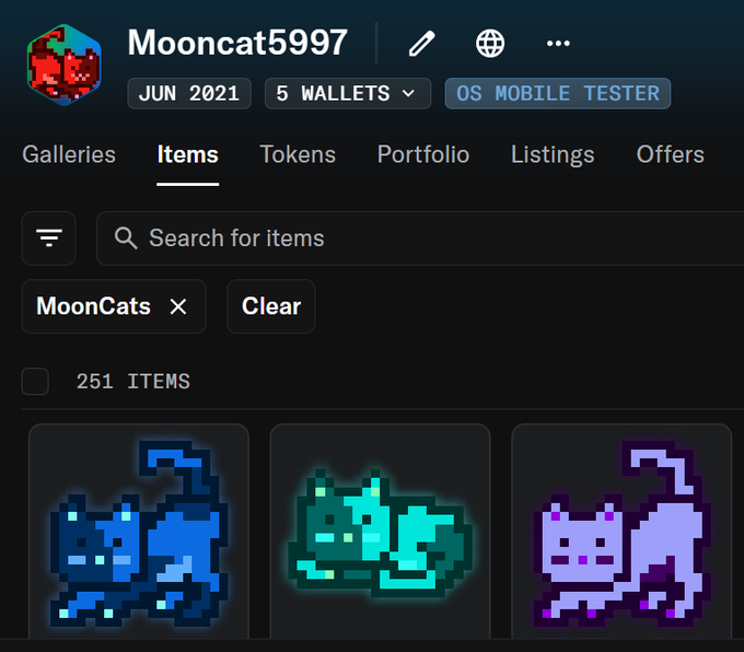 A screenshot of an OpenSea profile for 'Mooncat5997' showing their collection of 251 MoonCats pixel art NFT items.