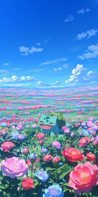 Bulbasaur smiling joyfully while peeking out of a vibrant field of pink, red, and blue flowers under a bright blue sky with scattered clouds.