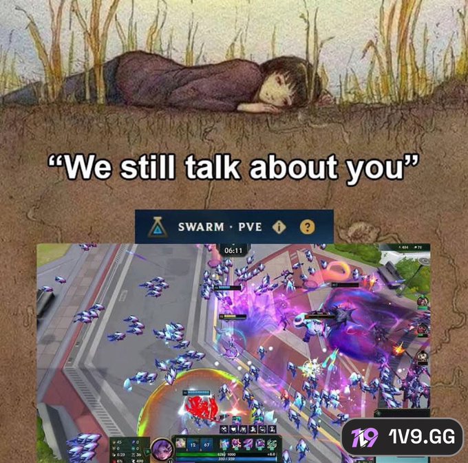 A meme image showing a person lying face down in grass above the quote "We still talk about you," juxtaposed with a screenshot of the League of Legends Teamfight Tactics "SWARM • PVE" game mode featuring a chaotic battle scene, with a "1v9.gg" logo in the bottom right corner.