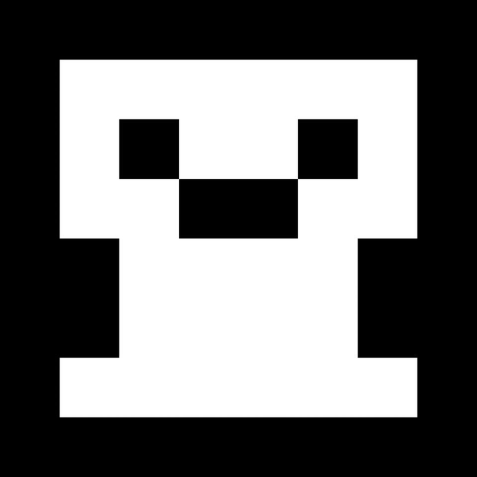 A pixel art design of a skull, reminiscent of the Minecraft style, in white against a black background.
