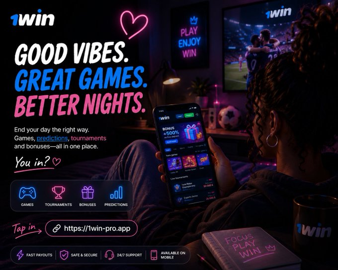 An advertisement for the '1win' app with the tagline 'GOOD VIBES. GREAT GAMES. BETTER NIGHTS.' showing a person using the app on a smartphone, with the URL https://1win-pro.app.