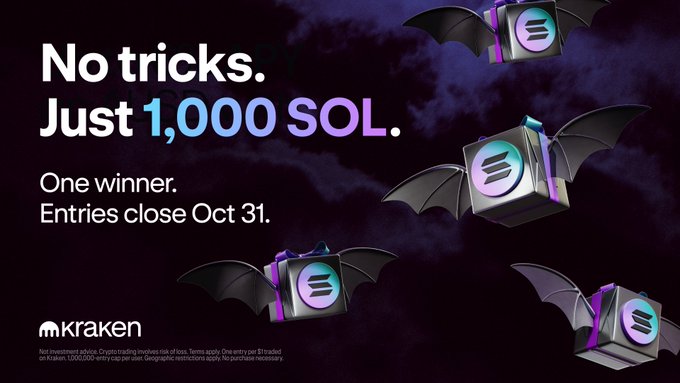 A Halloween-themed Kraken promotional banner featuring winged SOL tokens flying across a dark purple sky, with text reading "No tricks. Just 1,000 SOL. One winner. Entries close Oct 31," advertising a giveaway where one trader will win 1,000 Solana for every $1 traded.
