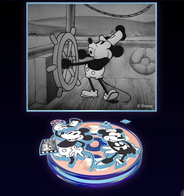 A split image shows a classic black-and-white scene of Mickey Mouse steering a ship's wheel above a modern 3D puzzle featuring Mickey and Minnie Mouse characters.