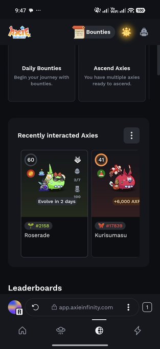A mobile screenshot of the Axie Infinity website showing the "Bounties" tab with "Daily Bounties" and "Ascend Axies" options, and "Recently Interacted Axies" featuring a Roserade (#2158) and Kurisumasu (#17839).