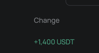 A dark screen displaying 'Change +1,400 USDT' in green text.