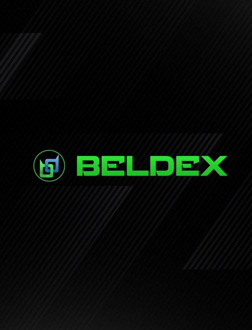 A digital poster featuring the "BELDEX" logo in bold green text alongside a circular icon with a stylized "B," set against a dark background with diagonal line patterns. The image serves as promotional branding for BeldexCoin, visually reinforcing the post's message about the platform's privacy-focused ecosystem spanning messaging, browsing, transactions, VPNs, and AI.