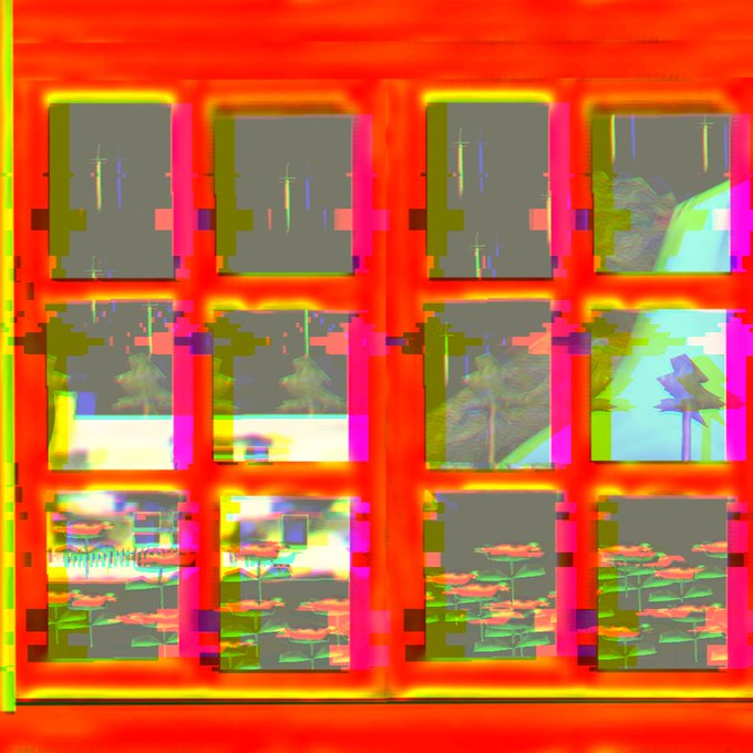 Glitched or distorted digital artwork with a bright red/orange grid pattern overlaying what appears to be a window with multiple panes showing fragmented images of landscapes and trees.