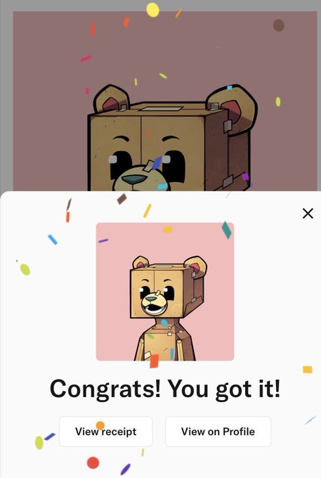 A mobile app interface showing a cartoon cardboard bear character with the celebratory text 'Congrats! You got it!' alongside 'View receipt' and 'View on Profile' buttons.