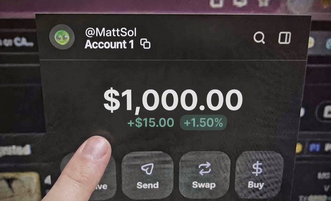 The post shows a crypto wallet screen displaying "@MattSol Account 1" with a balance of $1,000.00 (up $15.00, +1.50%), featuring Send, Swap, and Buy buttons, purportedly to offer visual proof of funds for a giveaway requiring followers to join the linked Telegram channel and submit their wallet addresses.