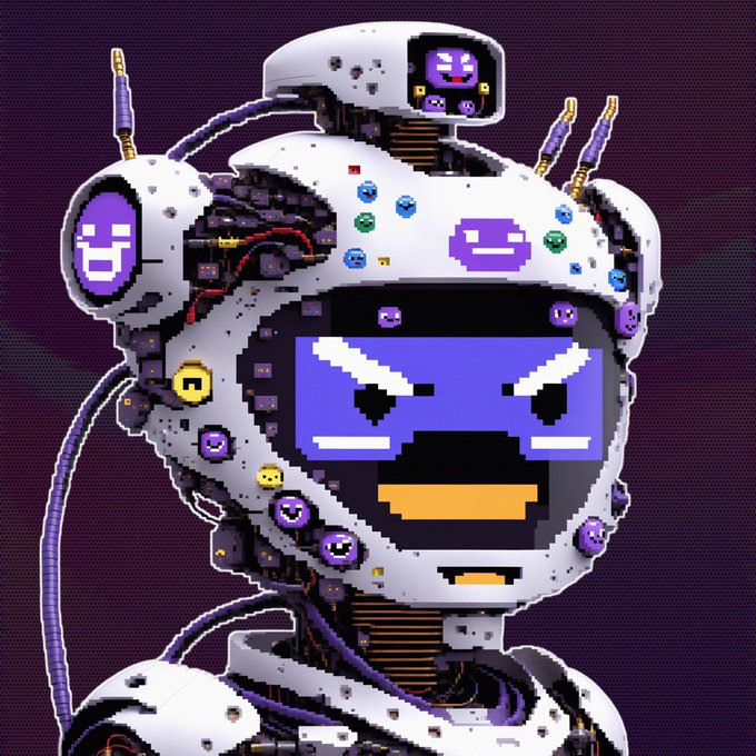 A pixel art illustration of a white robotic figure with a purple face displaying an angry expression, set against a dark purple background.