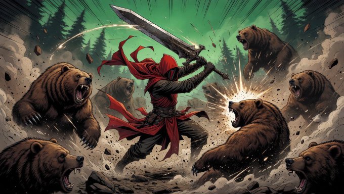 A cloaked warrior in a flowing red hood wields a massive sword while surrounded by a snarling pack of bears, visually embodying the boast "They also call me the SLAYER OF BEARS" with dramatic comic-style action and explosive energy.