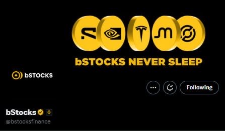 The image shows a Twitter/X profile banner for "bStocks" (@bstocksfinance) with a black background and the tagline "bSTOCKS NEVER SLEEP," featuring five gold coin icons displaying logos for various platforms/investment tools. The post promotes bStocks as a new product being developed by Binance to compete with other exchanges in the crypto market.