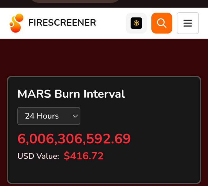 The image displays a FireScreener dashboard showing the MARS burn interval for the past 24 hours, with 6,006,306,592.69 MARS tokens burned valued at $416.72 USD. This directly supports the accompanying post by providing the exact burn figures and USD value referenced in the claim about MARS token burns over the last 24 hours.
