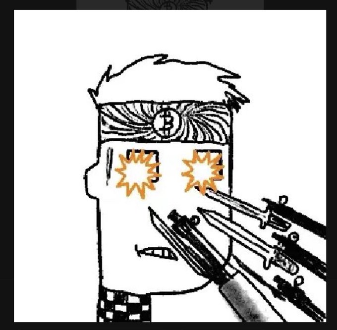 A cartoonish drawing of a person wearing a Bitcoin headband with bright orange starbursts for eyes, as multiple rifles and a knife are pointed at them from the right side.