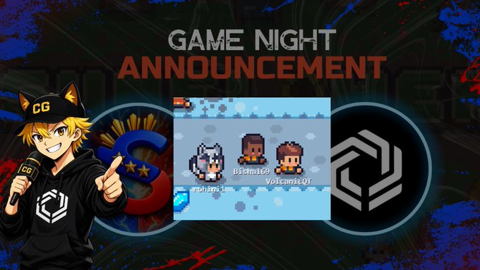 A 'GAME NIGHT ANNOUNCEMENT' thumbnail featuring an anime character with a 'CG' hat holding a microphone, alongside a pixel art game scene showing characters labeled 'Bitchin69', 'VolcomicGT', and 'mahfinal' on a blue water background.
