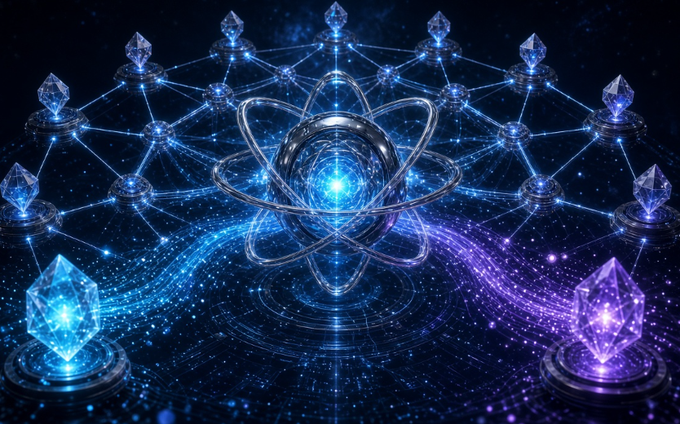 The image shows a glowing atomic structure encircled by crystalline nodes connected in a hexagonal network, with streams of blue and purple energy flowing between them. This visually mirrors the post's message by depicting a quantum-like, interconnected system—symbolizing how DAC Chain's infrastructure diverges from conventional blockchain optimization, positioning itself as a foundational, atomic-level architecture rather than a surface-level fee or speed solution.