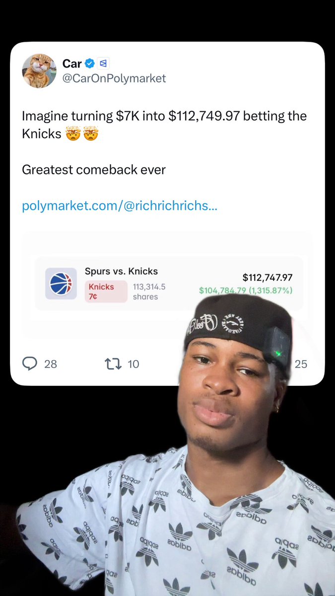 The image features a man wearing a white t-shirt with black designs. The text of the post includes an advertisement for a product, which seems unrelated to the main subject matter. The post also contains a message about a basketball game between two teams, but there is no direct connection to the person in the image or their attire.