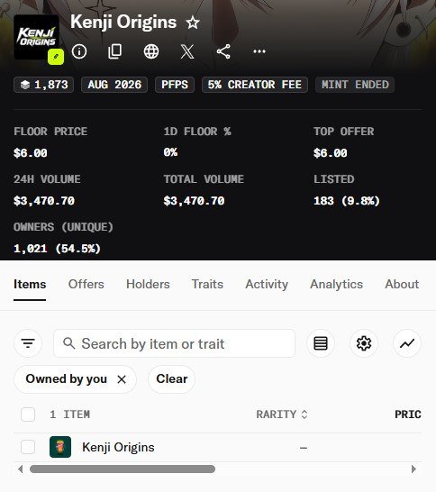 A NFT marketplace screenshot for the 'Kenji Origins' collection showing a floor price of $6.00, total volume of $3,470.70, and stats indicating mint ended in August 2026.