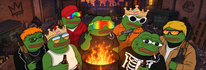A cartoon illustration featuring multiple Pepe the Frog characters wearing sunglasses, crowns, and Burger King caps, gathered around a burning barrel fire in an urban alleyway setting.