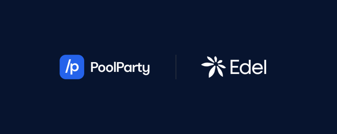 The image shows the PoolParty and Edel logos side by side on a dark background, illustrating the partnership announced in the post about EDEL being now live on PoolPartyDEX.