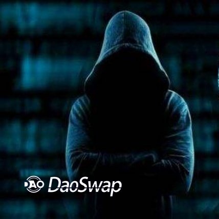 A promotional image for DaoSwap shows a silhouetted figure in a hooded sweatshirt against a dark blue background with shelves.