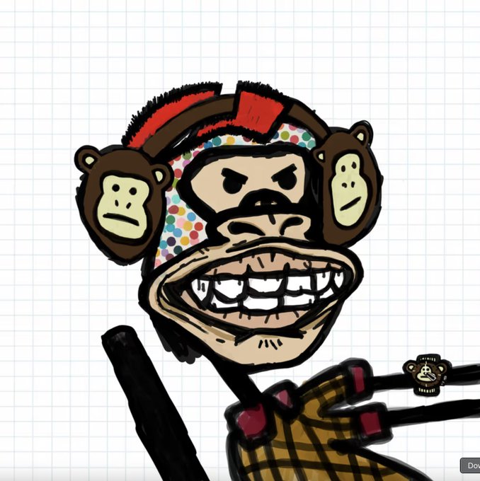 A cartoon drawing of a grinning monkey character wearing a brown monkey-themed hat with a polka-dot band, set against a white grid-paper background.