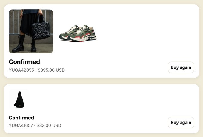 Order confirmation screen showing a confirmed purchase of Yuga sneakers for $395.00 USD and a black sleeve for $33.00 USD, with 'Buy again' buttons.