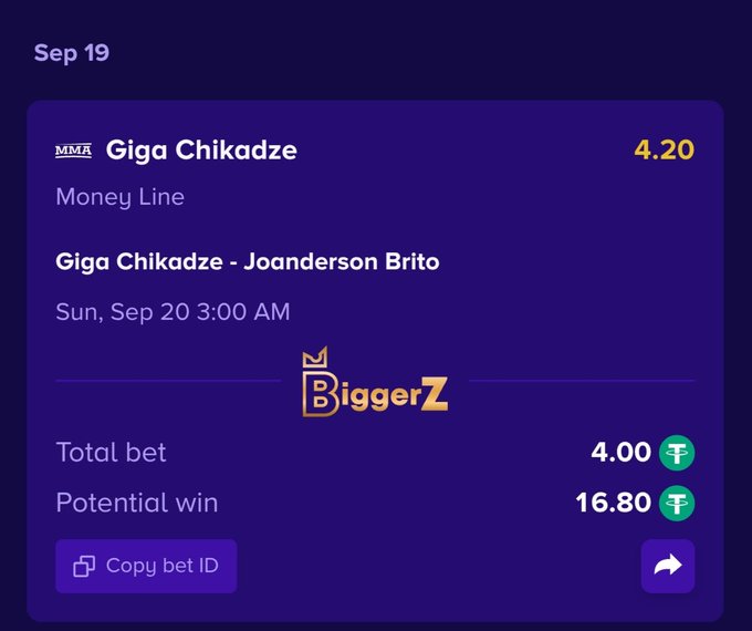 A betting slip from 'BiggerZ' shows a 'Money Line' bet on the MMA fight between Giga Chikadze and Joanderson Brito, with a total bet of 4.00 and a potential win of 16.80.