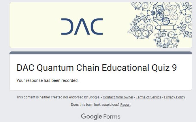 The image shows a webpage that contains a DAC Quantum Chain Educational Quiz 9. The website has a white background with black text, which reads "DAC Quiz 9! @dac_chain Check the Article x.com/dac_chain/stat... Answer the Quiz docs.google.com/forms/d/e/1FAI...". The post also mentions that there is a Google Forms page for this quiz and that participants will be rewarded with 30 Energy Points if they answer all questions correctly, while those who get only half of them correct will receive an extra 10 points.