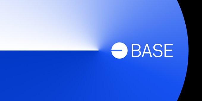 A blue gradient background with the Base cryptocurrency logo and the word 'BASE' in white text.