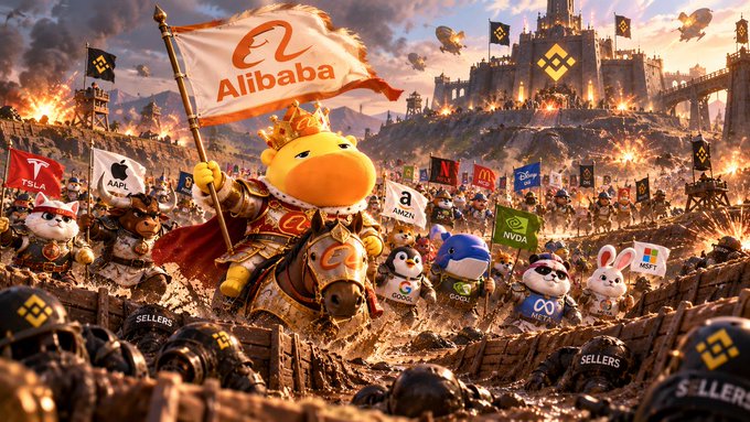 A fantasy-themed digital illustration depicts Alibaba's mascot riding a horse in a medieval battlefield, surrounded by minions holding flags for Tesla, Apple, Amazon, McDonald's, NVIDIA, and others.