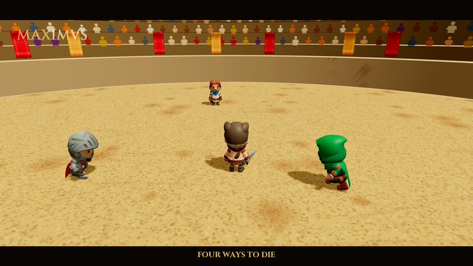 A video game screenshot showing four small knight characters facing off in a sandy arena with a stadium background; text reads "MAXIMVS" and "FOUR WAYS TO DIE".