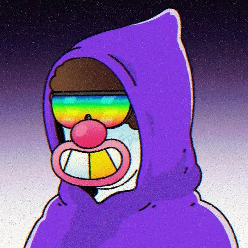 An illustrated character with a grinning, rainbow-lens face wears a purple hood against a starry sky, matching the bold, hype-driven energy of the "GM" Friday motivation post.