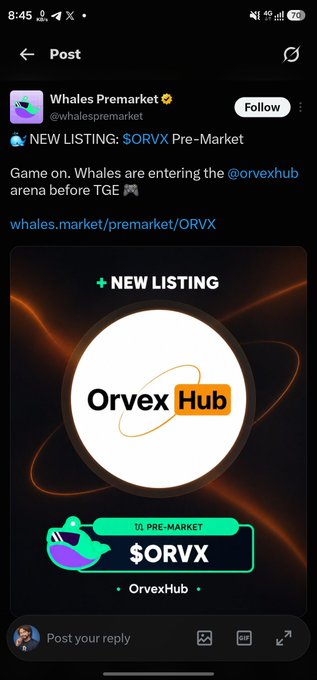 A social media post from "Whales Premarket" announces a new pre-market listing for $ORVX (OrvexHub), featuring a graphic with a "+ NEW LISTING" banner, the Orvex Hub logo, and the ticker $ORVX at "whales.market/premarket/ORVX." The accompanying caption promotes whales positioning in the $ORVX market ahead of its TGE.
